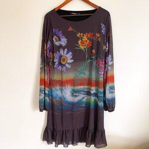 Desigual Women Tunic Dress Long Sleeve Size XL Brown Hawk Floral Art